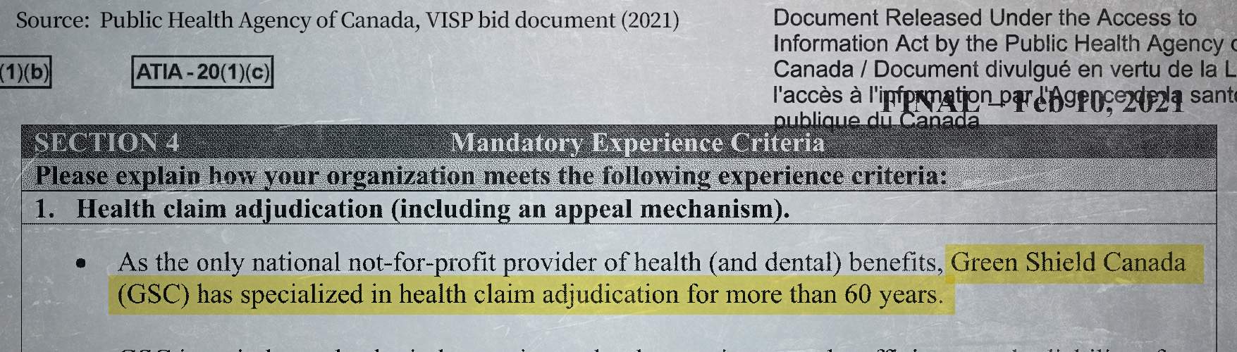 Green Shield Canada submitted a detailed proposal to administer VISP in 2021, highlighting its decades of experience and status as a non-profit company.
