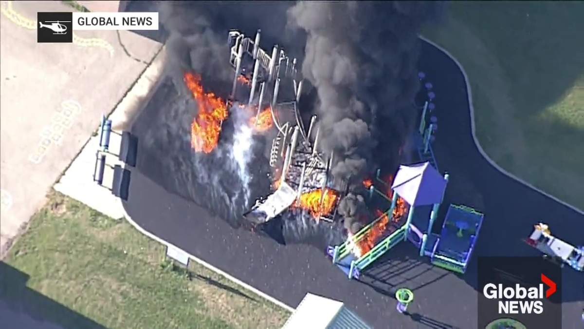 Police closed St. Pius X Elementary School playground following a fire that destroyed the structure on Saturday, July 12, 2025.