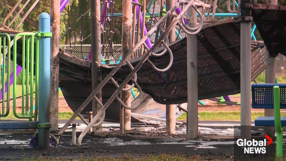 Police closed St. Pius X Elementary School playground following a fire that destroyed the structure on Saturday, July 12, 2025.