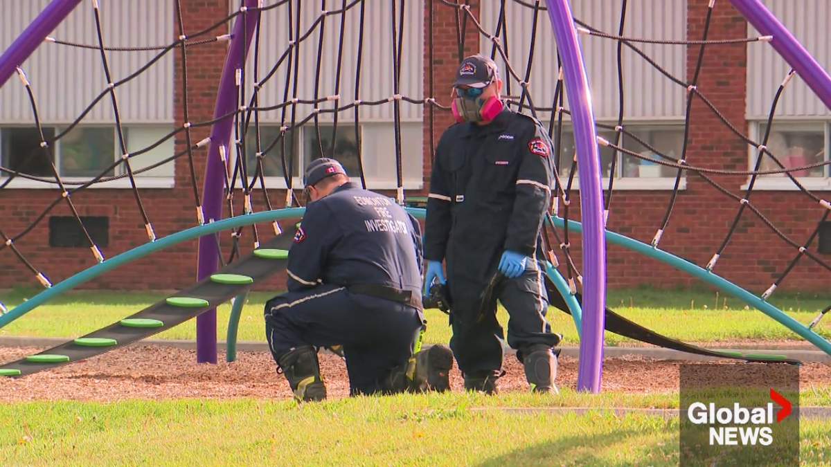 Police closed St. Pius X Elementary School playground following a fire that destroyed the structure on Saturday, July 12, 2025.