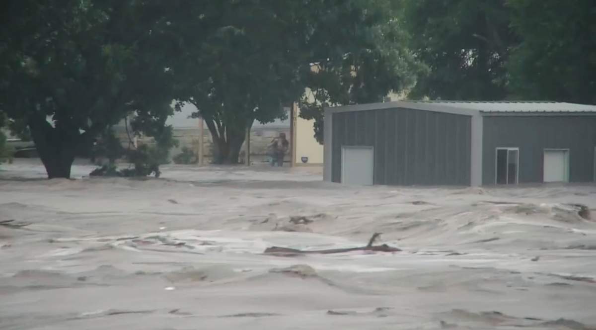 Water rises from severe flooding along the Guadalupe River.in Kerr County, Texas on Friday, July 4, 2025.  