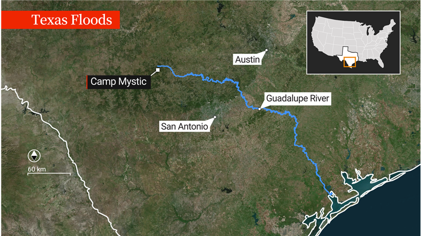 A map showing the Guadalupe River which overflowed in heavy rains on July 4. Camp Mystic, which was among the locations hit by heavy flooding is also pictured.