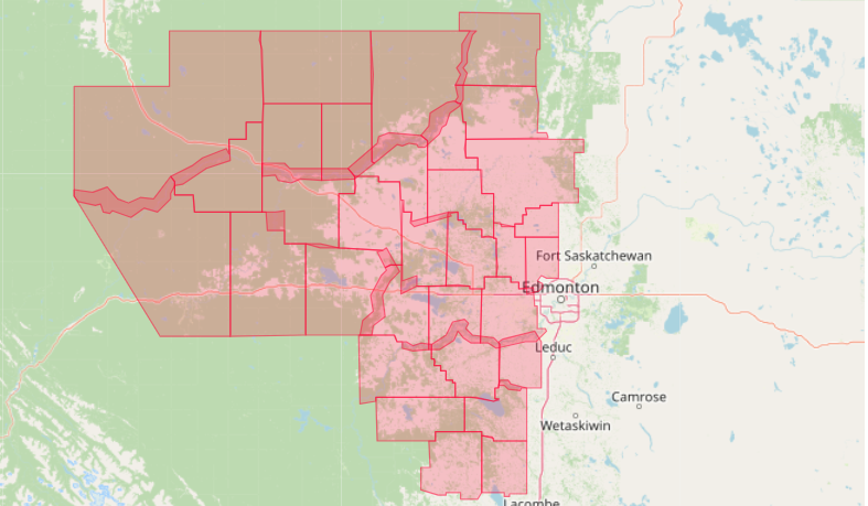 Environment and Climate Change Canada issued a tornado warning for an area in central Alberta between Edmonton and Obed Lake on July 2, 2025.