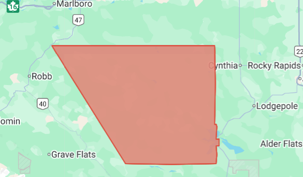 A map of an area in Alberta's Yellowhead County where a tornado warning was issued on July 1, 2025.