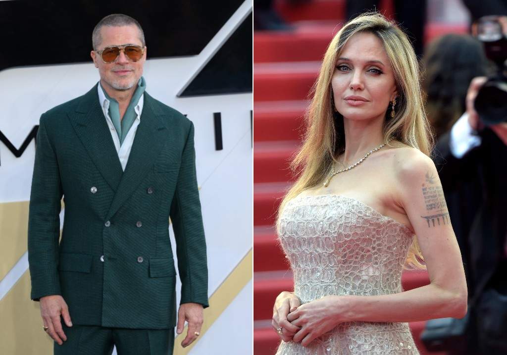 (L-R:) Brad Pitt attends the 'F1: The Movie' European Premiere at Cineworld Leicester Square on June 23, 2025 and Angelina Jolie at Cannes Film Festival 2025.