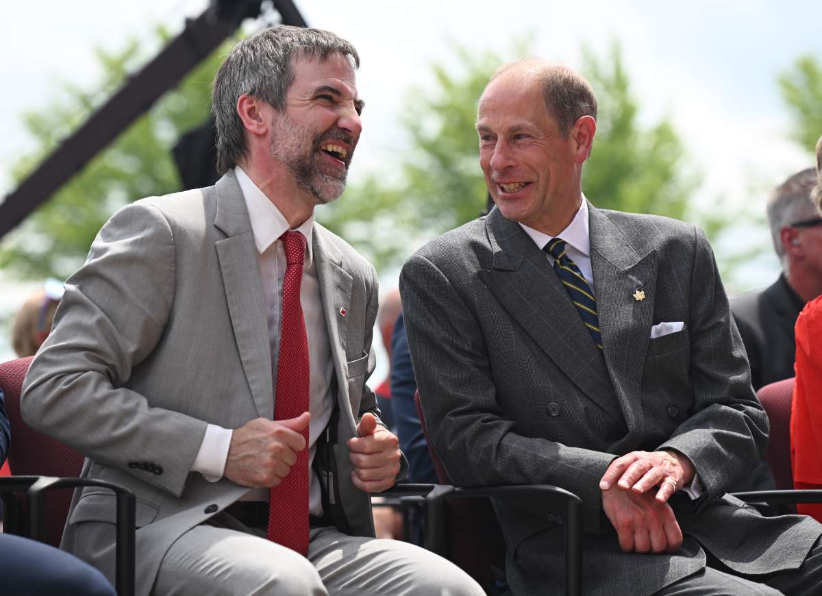 Steven Guilbeault, federal minister of identity and culture, left, and Prince Edward share a laugh during Canada Day celebrations at LeBreton Flats in Ottawa on Tuesday, July 1, 2025.