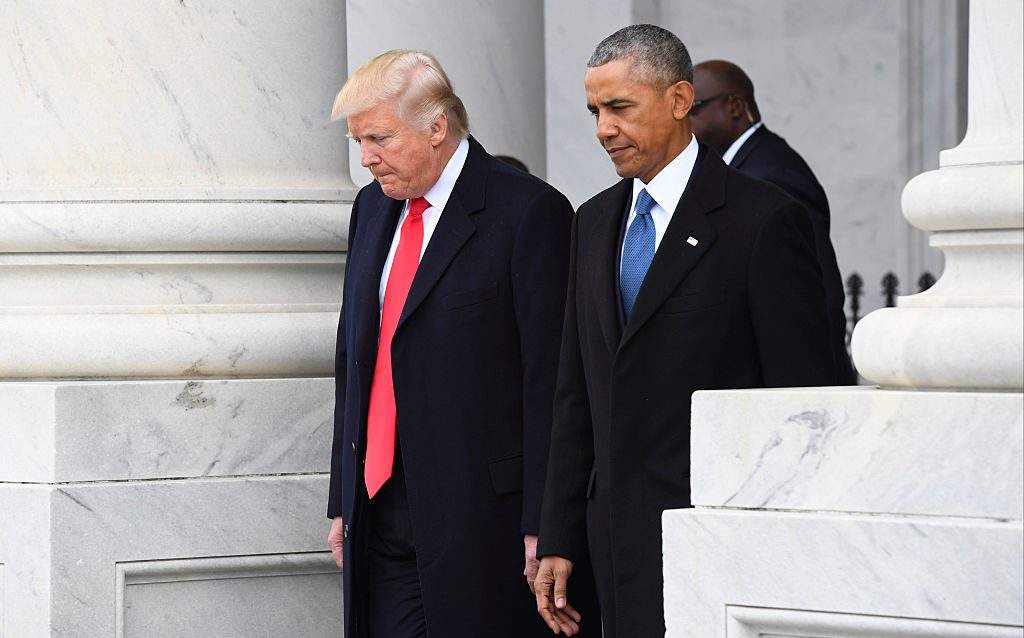 President Donald Trump and former President Barack Obama walk out prior to Obama's departure during the 2017 presidential inauguration at the U.S. Capitol January 20, 2017 in Washington, DC.