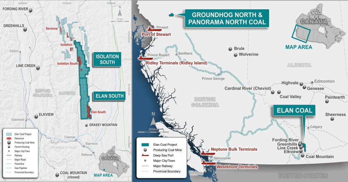These maps show where Atrum's Elan coal project was located, just north of the Grassy Mountain coal project in the Crowsnest Pass.