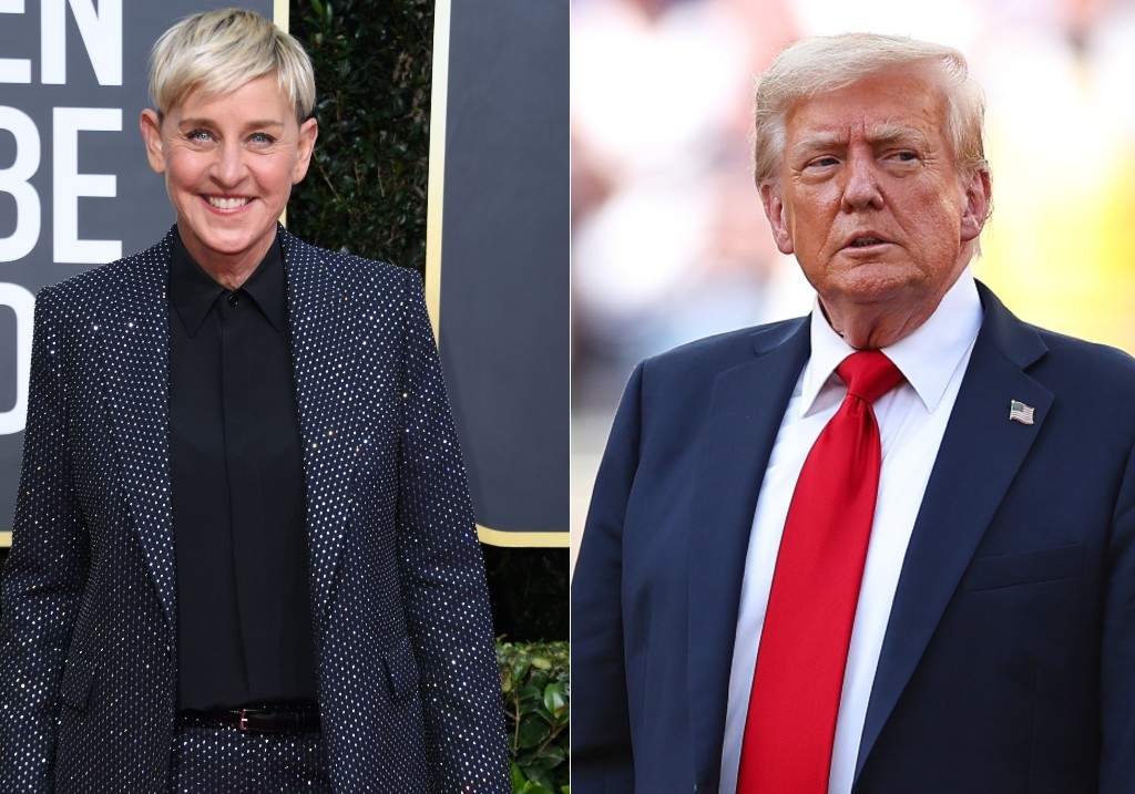 (L-R:) Ellen DeGeneres arrives for the 77th annual Golden Globe Awards on January 5, 2020 and U.S President, Donald Trump during the FIFA Club World Cup 2025 final match between Chelsea FC and Paris Saint-Germain at MetLife Stadium on July 13, 2025.