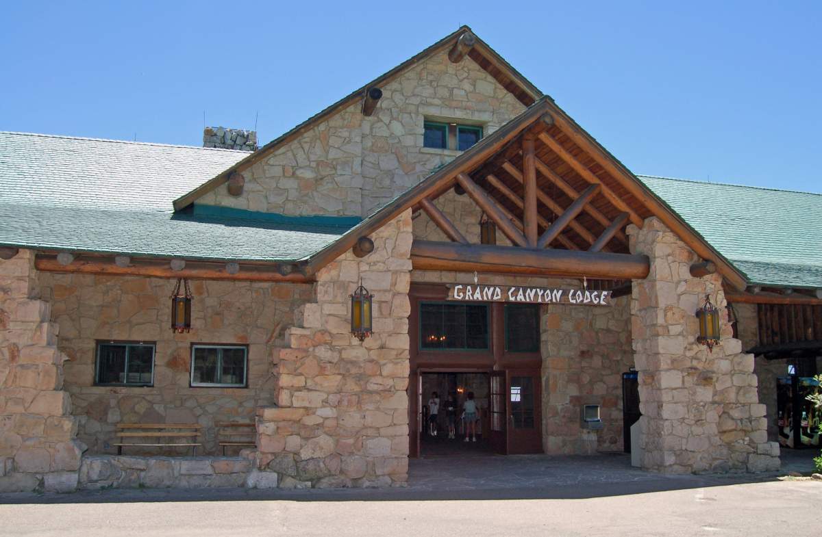 This undated photo provided by the National Park Service shows the historic Grand Canyon Lodge’s front entrance with a sloped roof, huge ponderosa beams and massive limestone facade, on the North Rim of Grand Canyon, in northern Arizona.