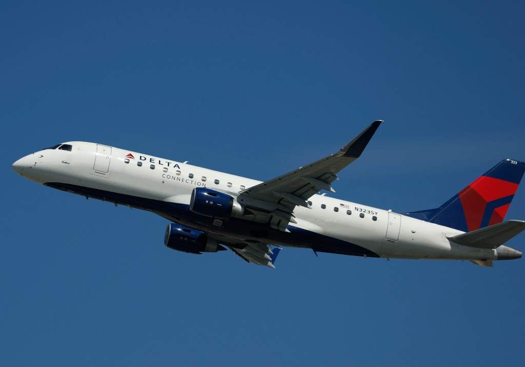 A file photo of a Delta Connection, operated by SkyWest Airlines Embraer E175LR aircraft departs from San Diego International Airport for Los Angeles on March 4, 2025 in San Diego, California.