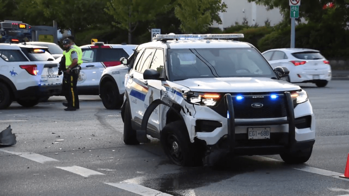A Surrey RCMP car involved in a collision with an SUV on Sunday night.