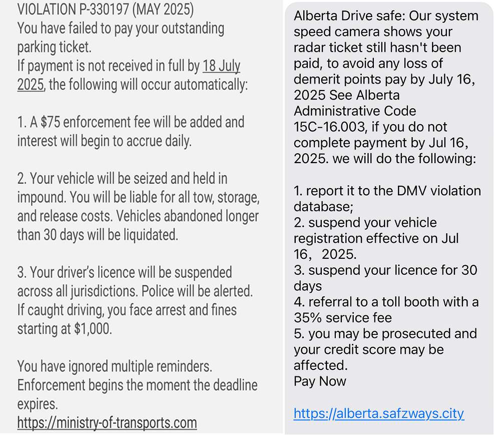 Calgary police say the text message scam seeks payment for fake parking or photo radar tickets.