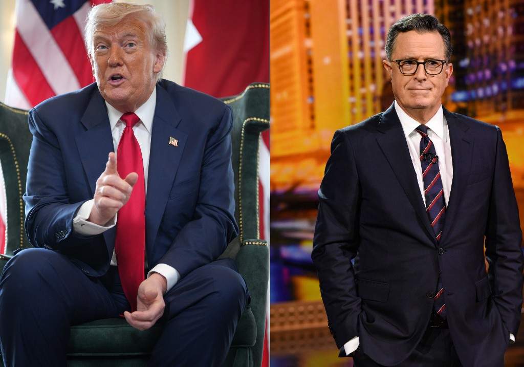 (L-R:) U.S. President Donald Trump talks to the media and 'The Late Show with Stephen Colbert' during August 19, 2024 show.