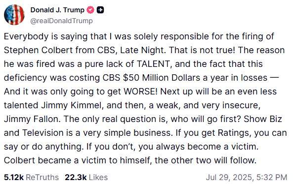 A screenshot of Donald Trump's post on Truth Social.