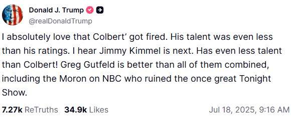 A screenshot of Donald Trump's post on Truth Social.