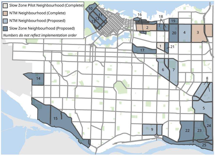 A map showing the first 25 Vancouver neighbourhoods to see 30 km/h speed limits implemented.
