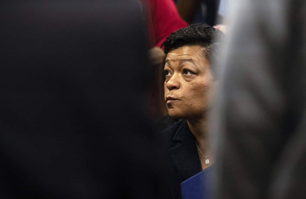 FILE - New Orleans Mayor LaToya Cantrell listens during a meeting after Hurricane Francine at New Orleans International Airport, Sept. 13, 2024, in Kenner, La. (Hilary Scheinuk/The Advocate via AP, Pool, File).