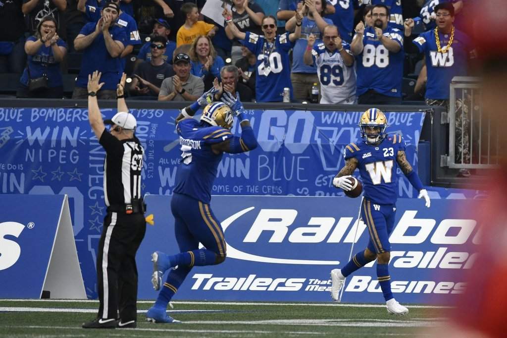 Winnipeg Blue Bombers' Trey Vaval (23) celebrates his punt return for a touchdown against the Toronto Argonauts with Willie Jefferson (5) during first half CFL action in Winnipeg, Friday, Aug. 1, 2025. THE CANADIAN PRESS/Fred Greenslade.