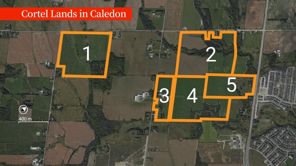 A map of land owned by a group of development companies in Caledon along the proposed route of Highway 413.