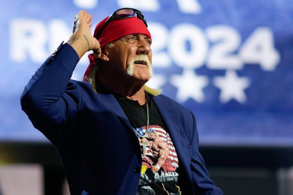 FILE - Professional entertainer and wrestler, Hulk Hogan, speaks during the Republican National Convention, Thursday, July 18, 2024, in Milwaukee.