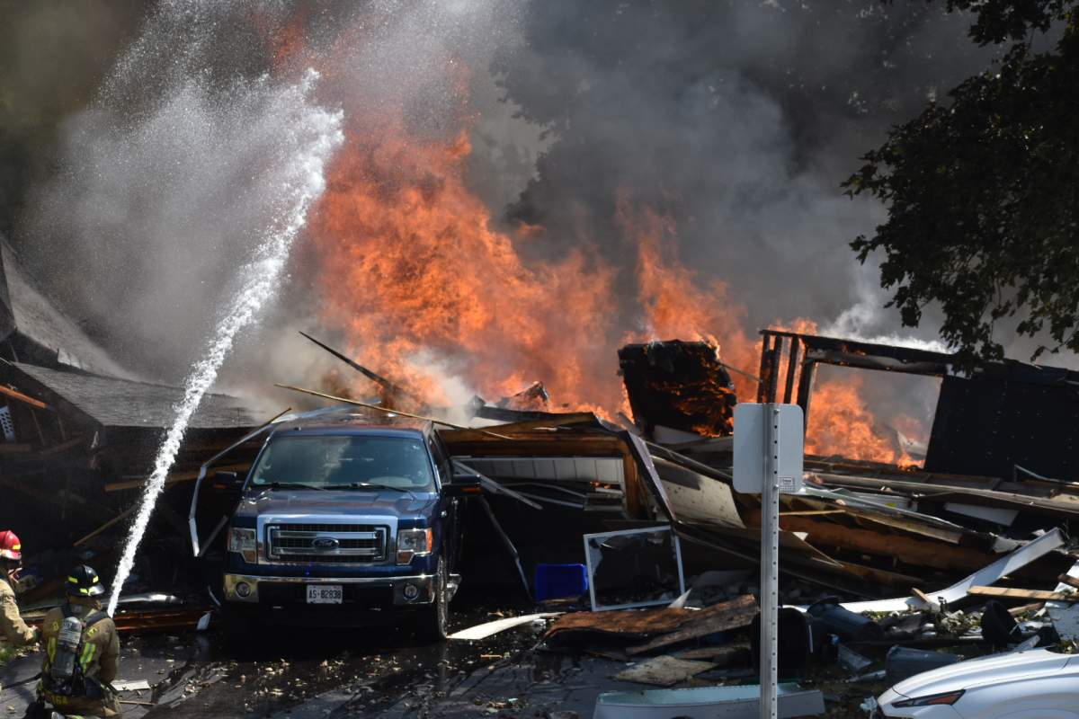 A home near Marshall Street and Little Avenue in the Allandale subdivision of Barrie, Ont. exploded and caught fire on Saturday, August 9, 2025.