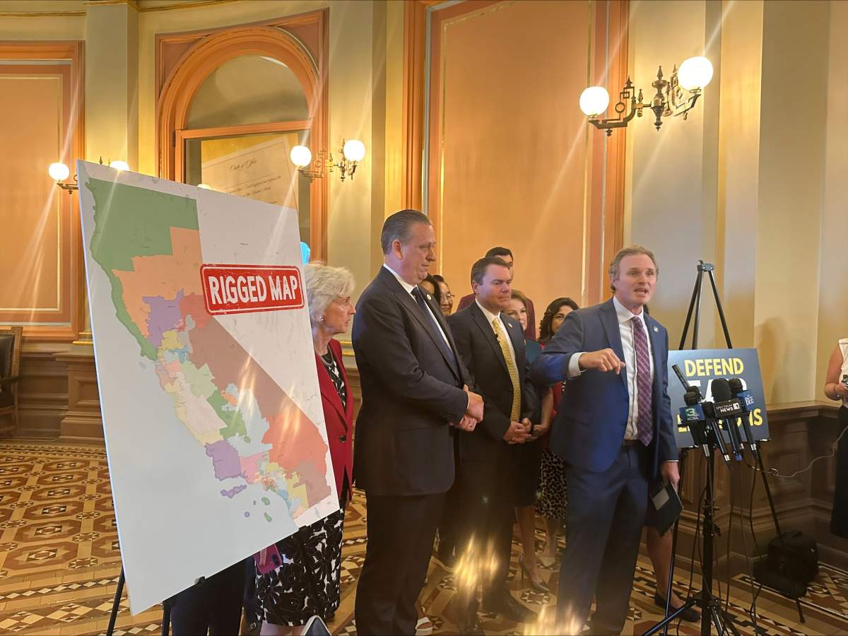 Assembly Republican leader James Gallagher speaks in opposition to Democrats' plan to advance a partisan effort to redraw California congressional map at a press conference on Monday, Aug. 18, 2025, in Sacramento, California.