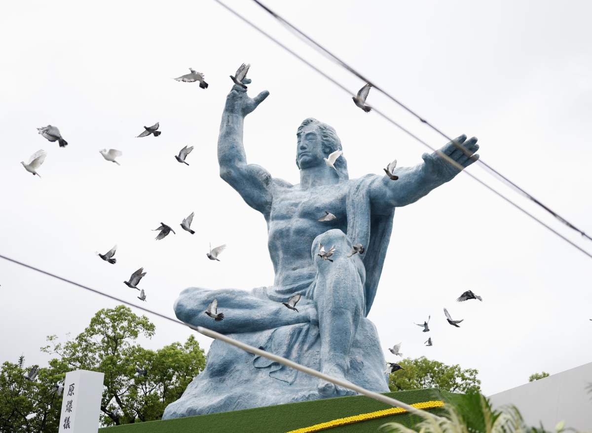 August 9, 2025: Doves are released during a memorial ceremony held at Peace Park in Nagasaki on Aug. 9, 2025, to mark the 80th anniversary of the U.S. atomic bombing of the southwestern Japan city during the Second World War.