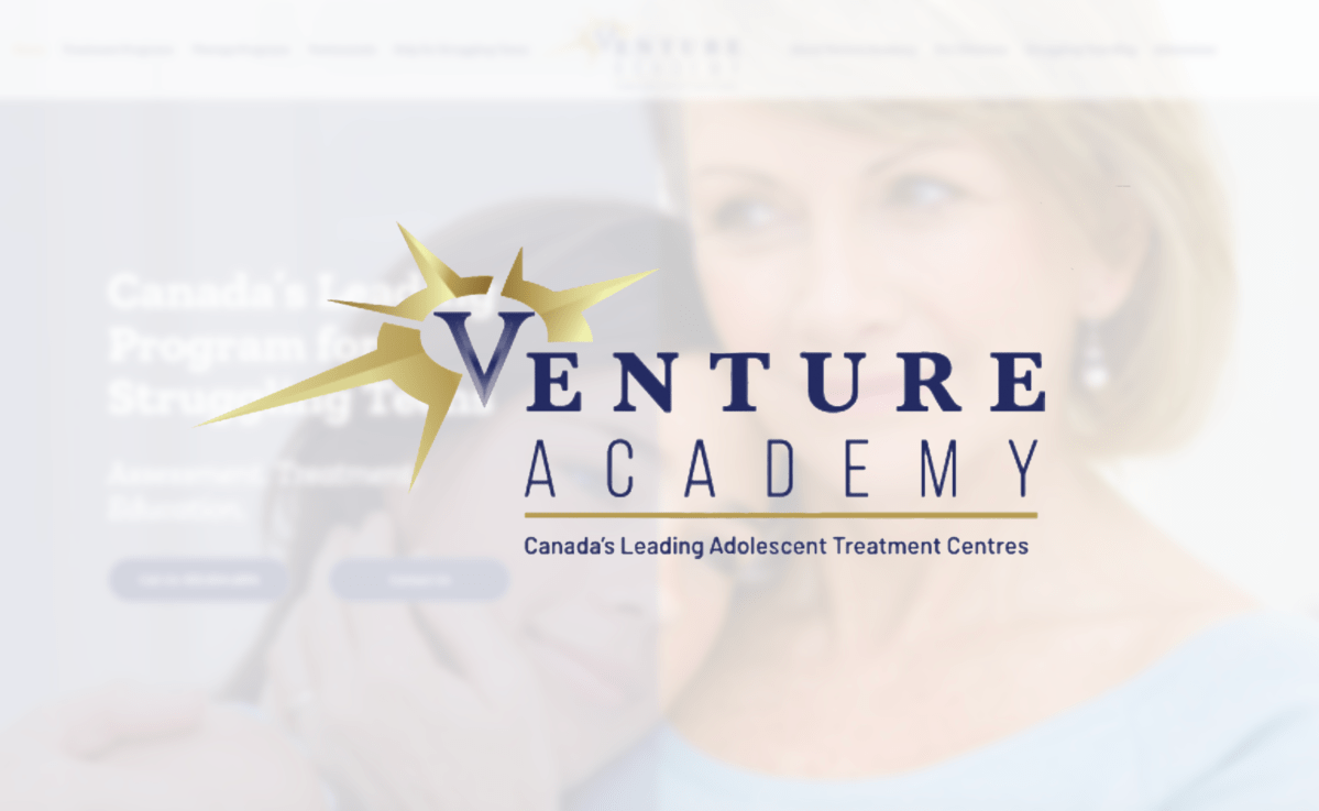 Venture Academy's logo overlayed on its website.