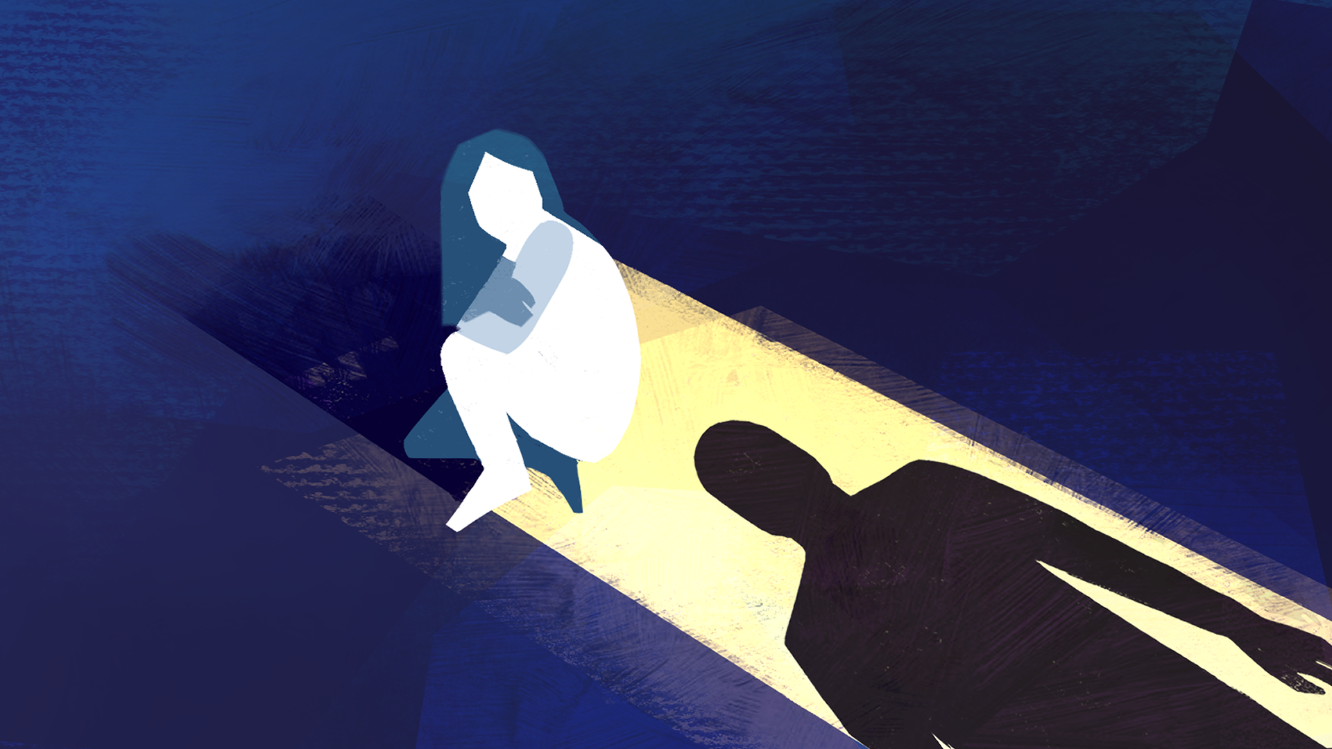 Illustration of a man standing in a doorway, silhouetted by light, as he enters a space where a girl is crouched on the ground.