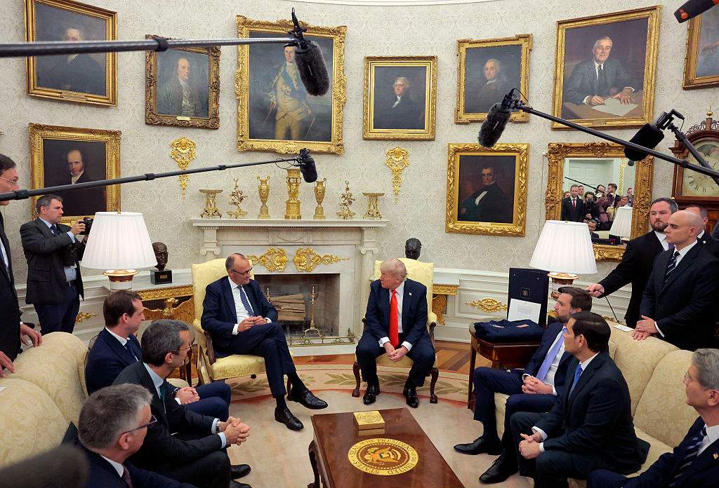 President Donald Trump and German Chancellor Friedrich Merz hold a meeting in the Oval Office at the White House on June 5, 2025 in Washington, D.C.