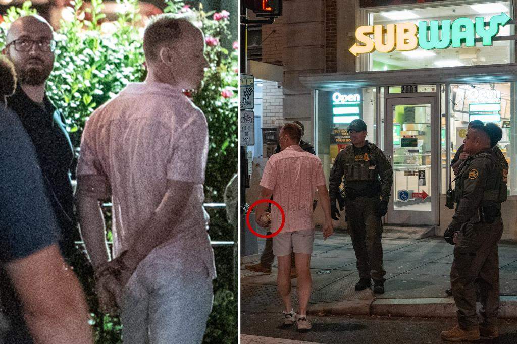 Sean Charles Dunn holding the sub-style sandwich, circled in red, in his hand, winding his arm back, and forcefully throwing the sandwich at an officer.