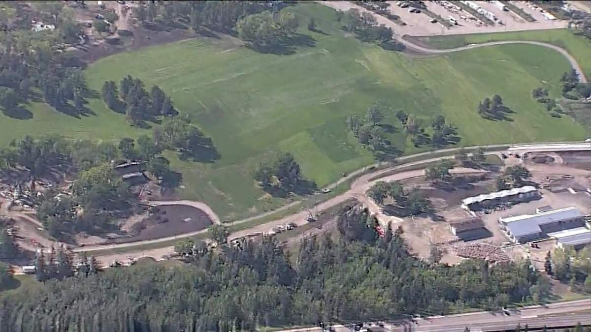 Aerials from Friday, Aug. 1, 2025 showing construction is nearly complete at Hawrelak Park in Edmonton's river valley.