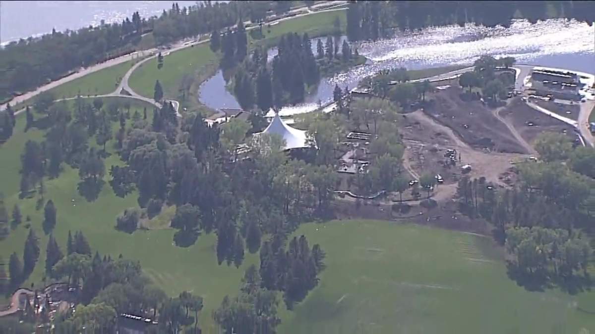 Aerials from Friday, Aug. 1, 2025 showing construction is nearly complete at Hawrelak Park in Edmonton's river valley.