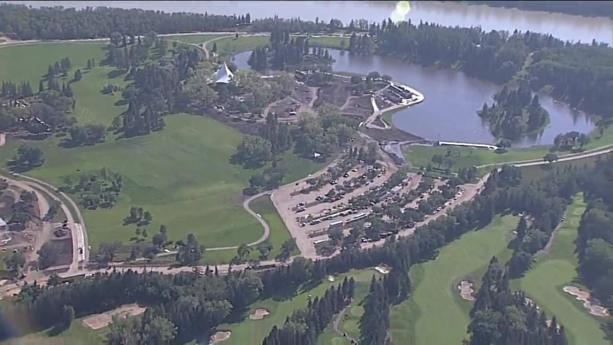 Aerials from Friday, Aug. 1, 2025 showing construction is nearly complete at Hawrelak Park in Edmonton's river valley.