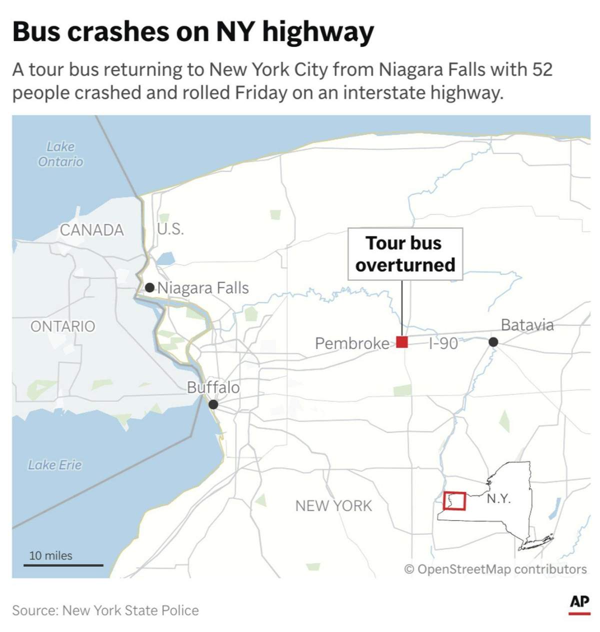 A tour bus crashed and overturned on a New York interstate highway Friday. (AP Digital Embed)