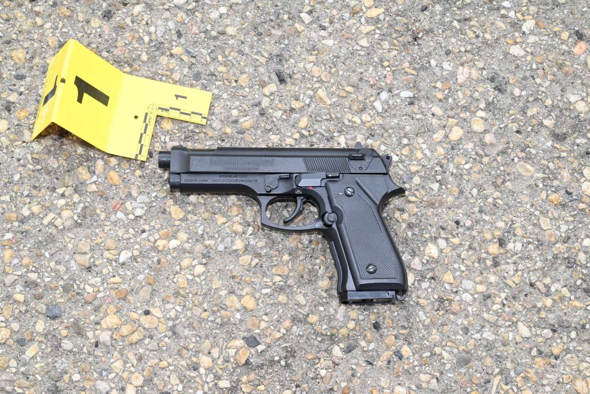 A BB gun was recovered at the scene of a police shooting in the Strathcona County RCMP parking lot in Sherwood Park, Alta. on July 28, 2025.