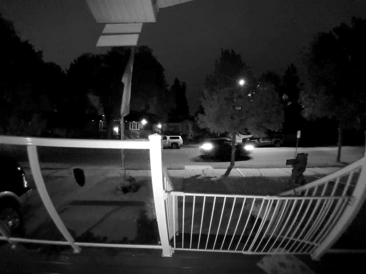 Doorbell video of a vehicle believed to have hit a cyclist in north Edmonton on Monday, Aug. 4, 2025.