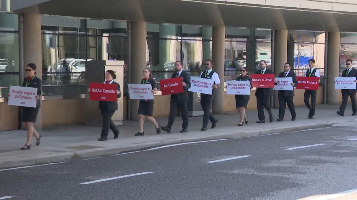 Air Canada flight attendants, who staged an information picket outside Calgary airport on Monday, voted 99 per cent in favour of a strike and could walk off the job at 12:01 a.m. eastern time on Saturday.