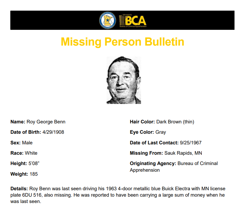 A missing person bulletin for Roy Benn from the Minnesota Bureau of Criminal Apprehension.