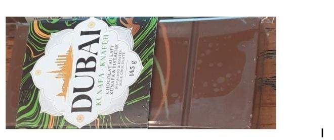 The front of a bar of Dubai-brand pistachio and knafeh chocolate that has been recalled due to salmonella contamination.