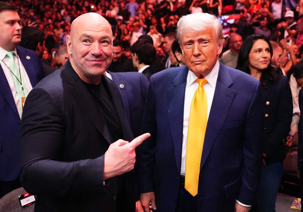 U.S. President Donald Trump attends the UFC 314 event alongside UFC President and CEO Dana White at Kaseya Center on April 12, 2025 in Miami, Florida.