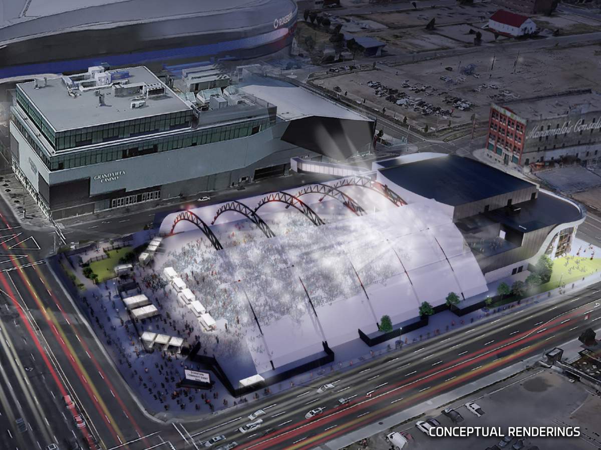 Renderings of redevelopment plans for Ice District that includes an event venue, green space and housing.
