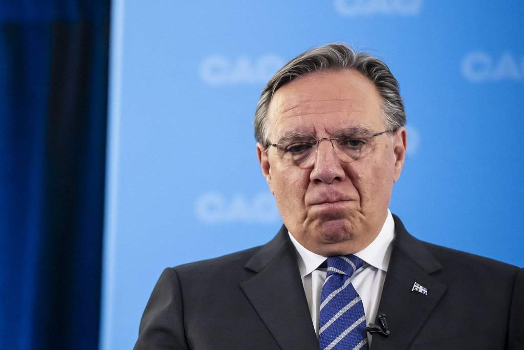 Premier François Legault gives remarks at an election event in Victoriaville, Que., on Monday, Aug. 11, 2025.