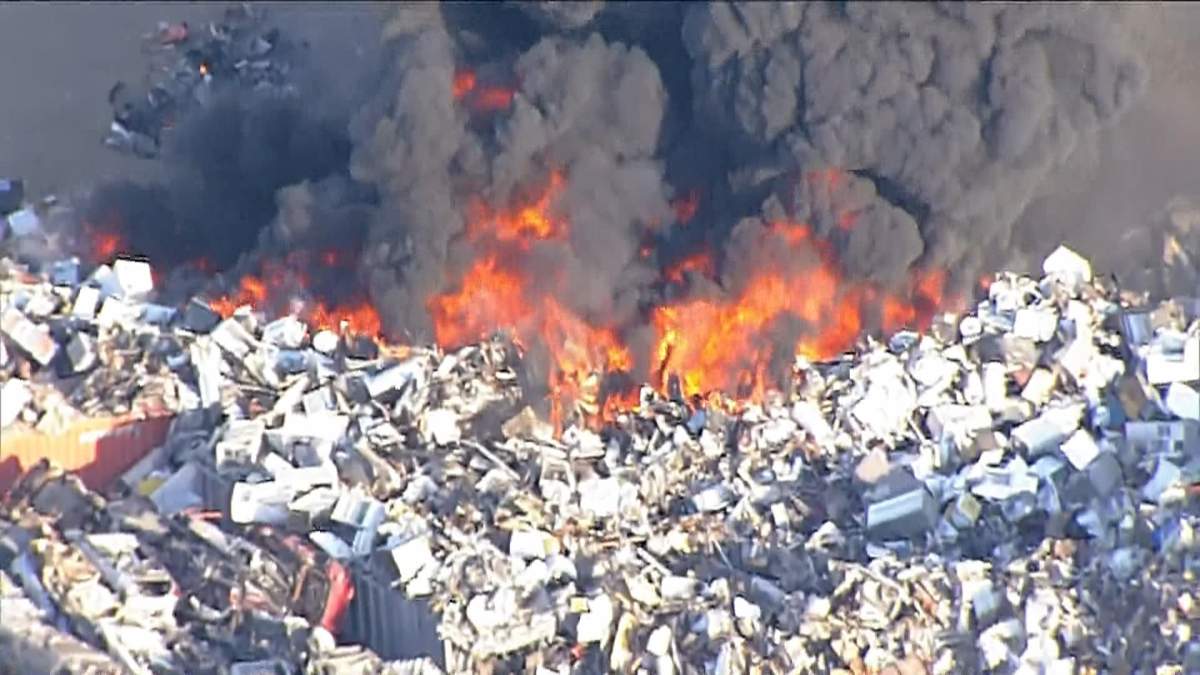 A huge fire at a recycling plant in Strathcona County sent a plume of flames and thick black smoke towering into the air early Saturday morning.