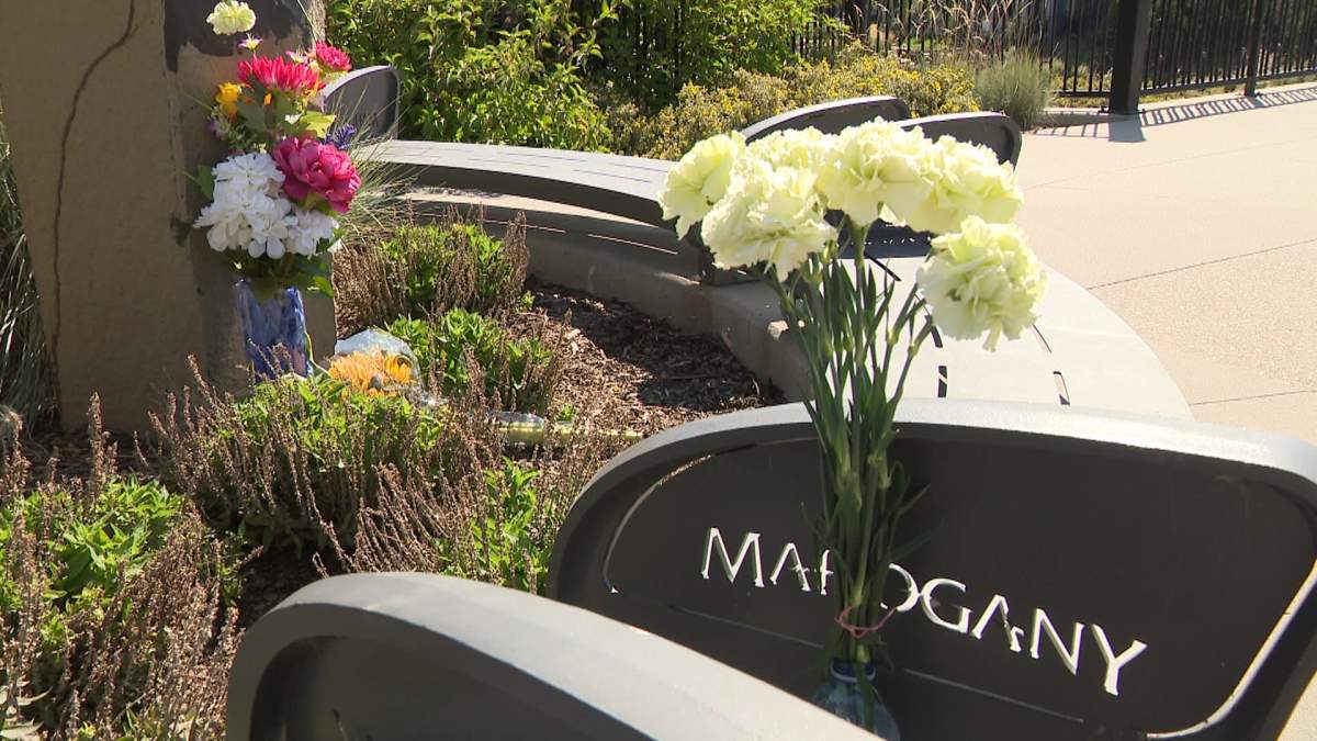 Several bouquets of flowers placed by friends and family near the entrance to Mahogany Lake, part of a growing memorial to two young men who tragically drowned in the lake on Wednesday.