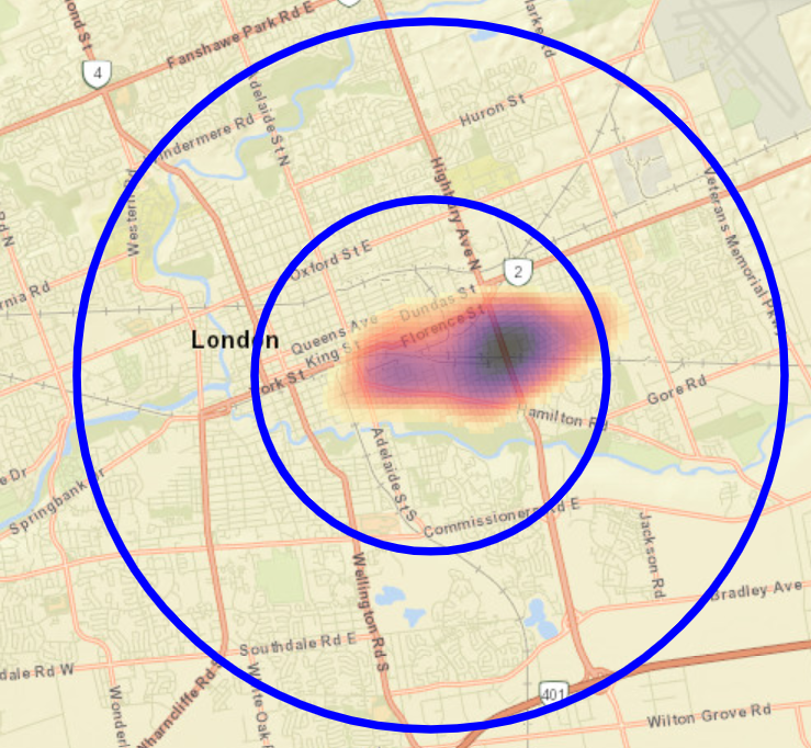 A map of London, Ont., with an overlay showing colours over a wedge of the city with a blue circle around it and a larger blue circle around that.