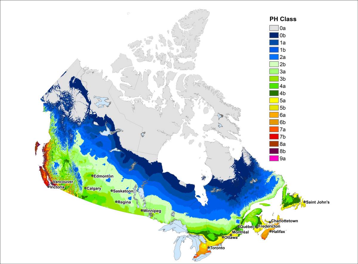 A heat map showing different plant hardiness zones in Canada.