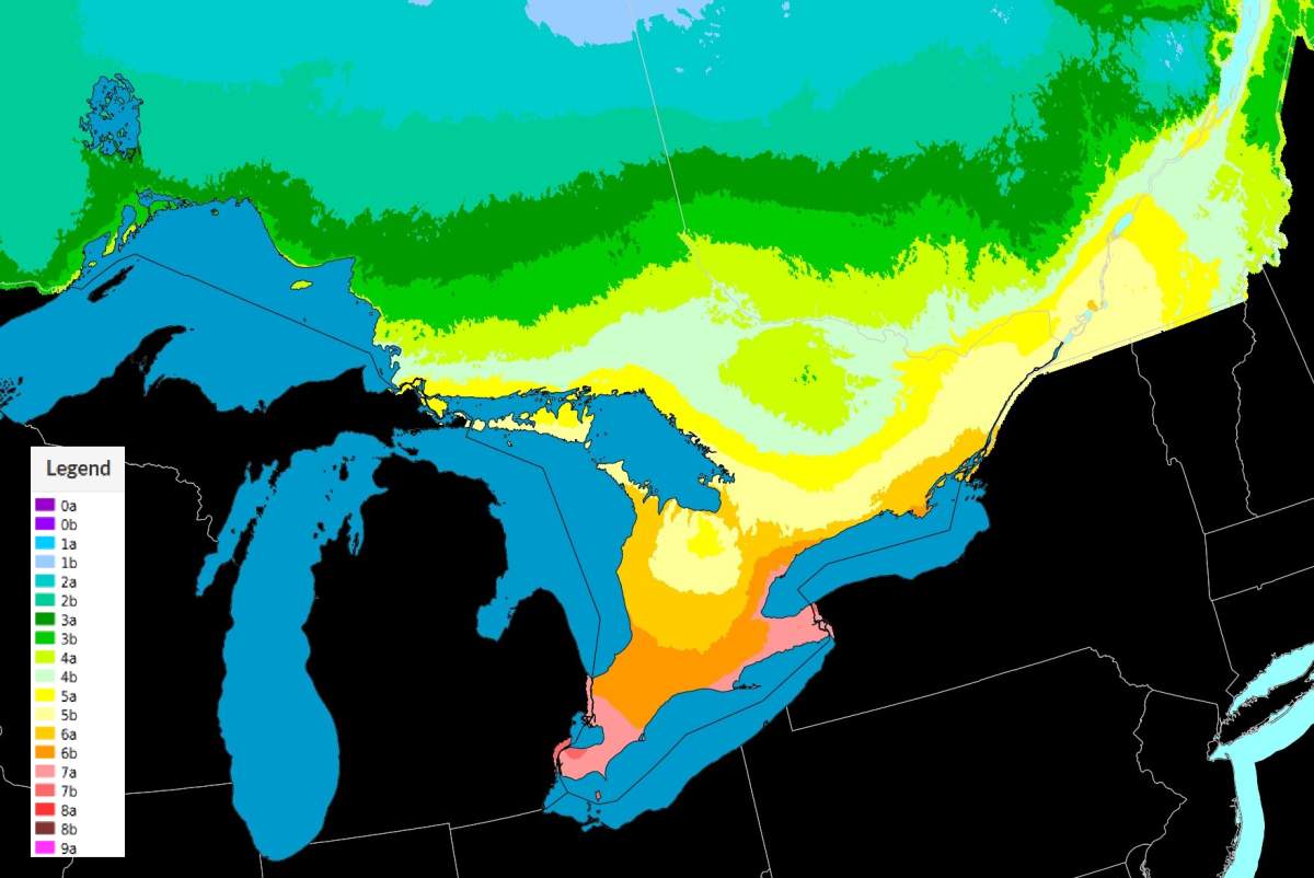 A closeup of a plant hardiness zones map of southern Ontario.