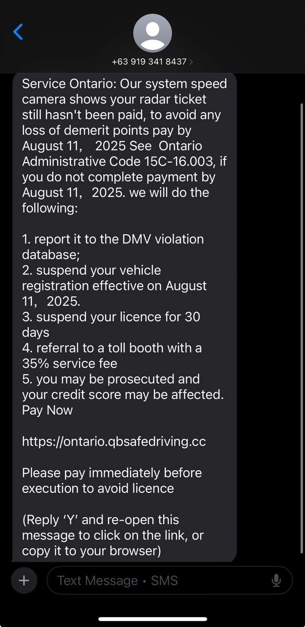 A screengrab of a scam text message is pictured, sent Aug. 11, 2025, showing fraudsters alerting the phone owner they have an outstanding radar ticket on file.